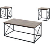3 Piece Coffee & End Table Set in Dark Taupe & Black Metal